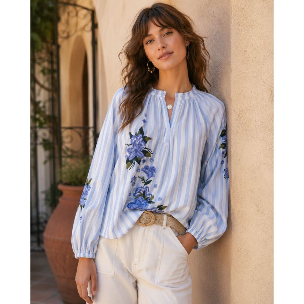 Anthropologie Akemi + Kim Blue Stripe Embroidered Shirt Top  Women's Size Medium